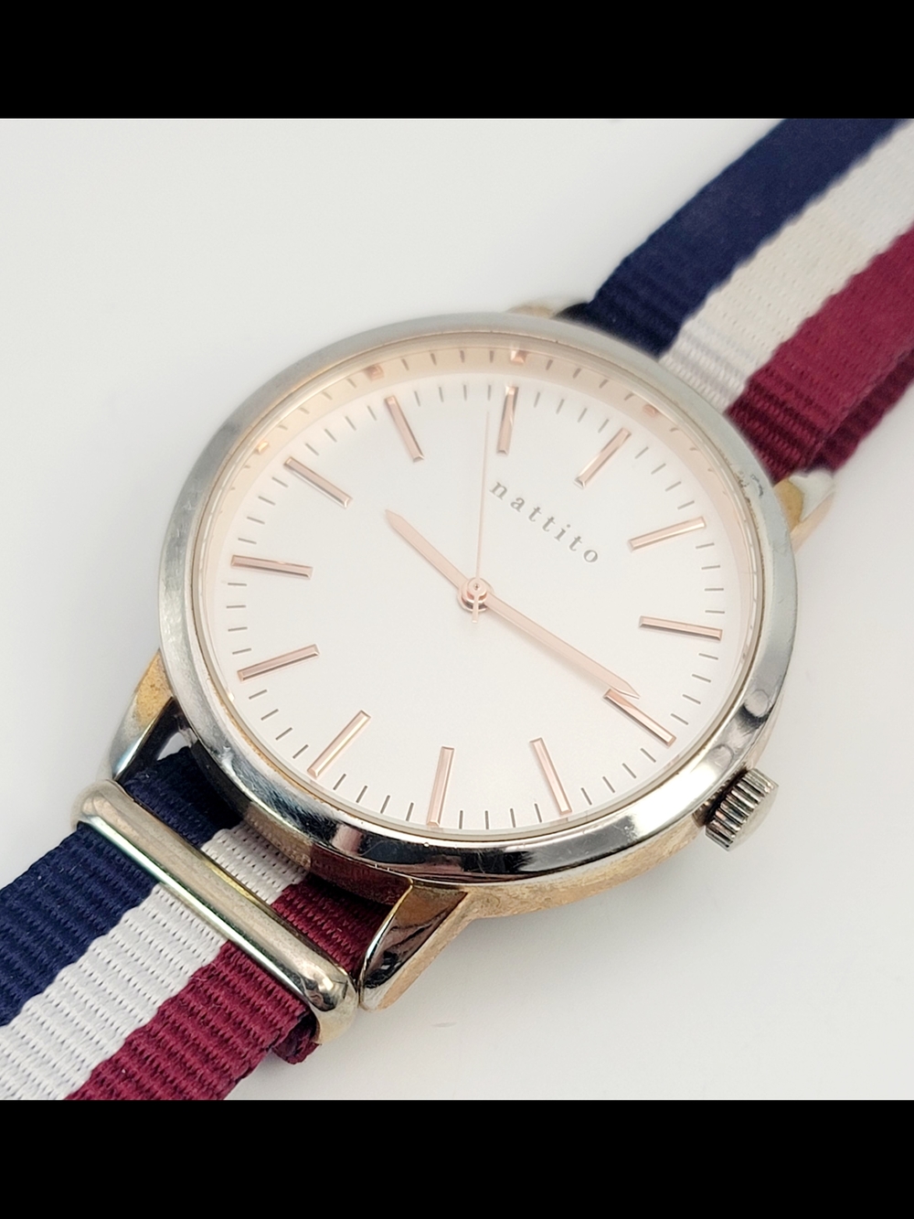 Vintage Nattito QKS-137 Minimalist Watch Rose Gold White Dial NATO Strap Japan